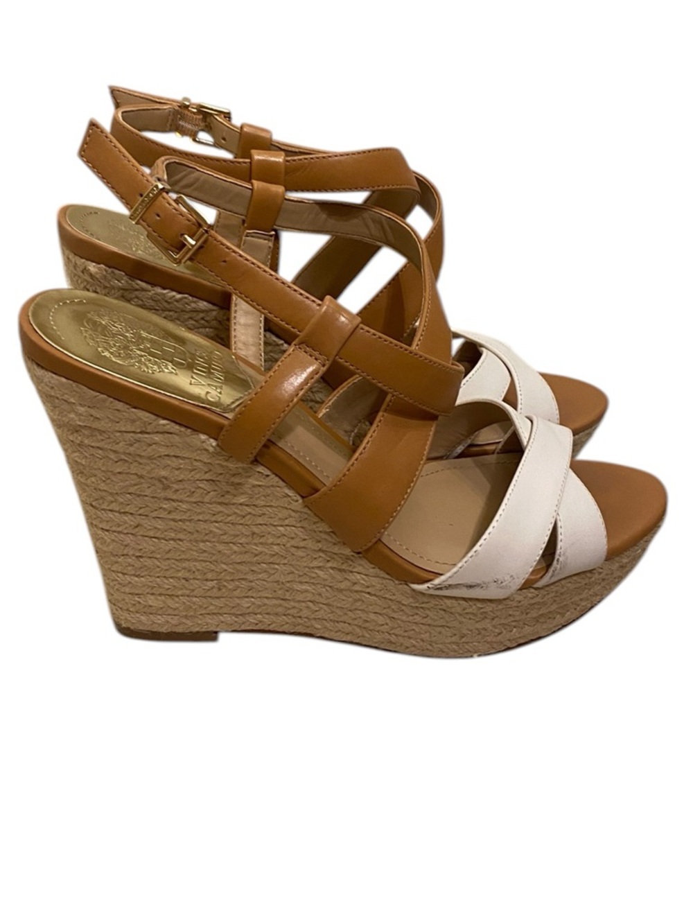 Vince Camuto Tan and White Espadrille Wedge Sandals